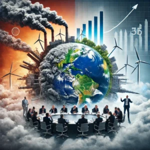 A symbolic representation of the political economy of climate change, featuring a divided globe with industrial pollution on one side and renewable energy on the other, alongside policymakers and climate activists.