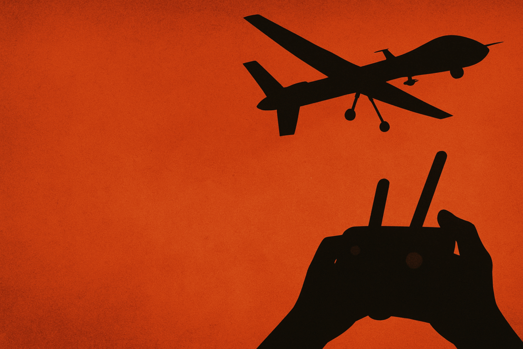 War by Algorithm – Drone Strikes and Accountability Silhouette of a military drone flying above with a hand holding a remote controller, set against a textured red-orange background.