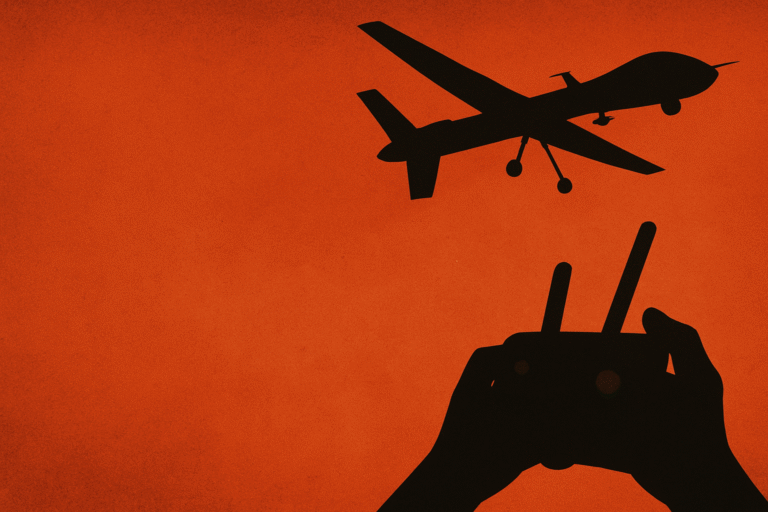 Silhouette of a military drone flying above with a hand holding a remote controller, set against a textured red-orange background.