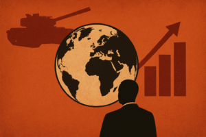 Silhouette of a man observing a globe, with a tank, a rising bar graph, and a textured red-orange background symbolizing global security and policy challenges.