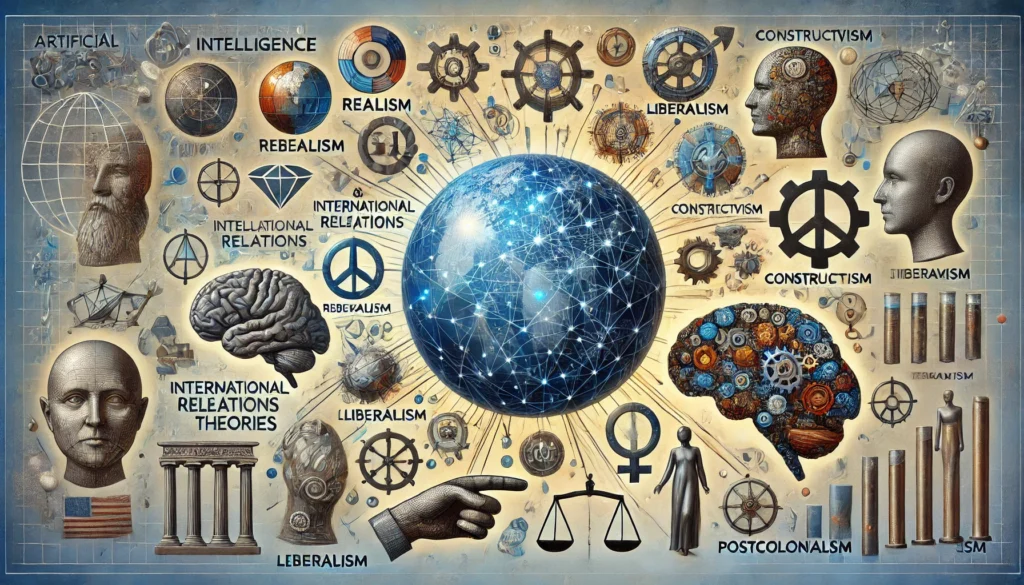 Digital illustration of artificial intelligence integrated with international relations concepts