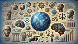 Digital illustration of artificial intelligence integrated with international relations concepts