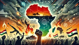 A stylized map of Africa surrounded by flames and raised fists, symbolizing unrest and transformation, with digital network lines hinting at the role of technology in socio-political change.