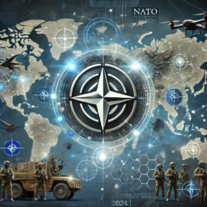 An illustration symbolizing NATO's counter-terrorism efforts in 2024, featuring the NATO emblem surrounded by elements like military personnel, digital shields, surveillance drones, and maps of Europe and North America. The background includes a gradient of dark blue and silver tones with glowing interconnected lines representing global security networks.