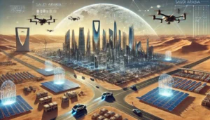 Saudi Arabia's NEOM project, showcasing a futuristic desert city with ultra-modern skyscrapers, floating solar farms, and AI-