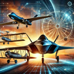 integration of air power across different eras_ a modern stealth fighter jet, a futuristic drone, and a histori