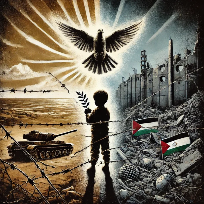 A silhouette of a child holding a dove with an olive branch, standing behind barbed wire. The background contrasts destruction with rubble and damaged buildings on one side, and rays of hope symbolized by soft golden light and an olive tree on the other.