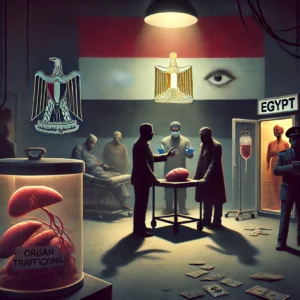 dimly lit operating room with the word "Egypt" written in bold letters on the wall. A shadowy figure exchanges money with a doctor near a surgical table, while a human organ rests in a cold storage container, symbolizing organ trafficking.