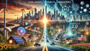 A futuristic vision of America with towering skyscrapers, renewable energy infrastructure, and AI-driven technology. A divided road in the foreground symbolizes the nation's challenges and choices, while economic, political, and social transformation icons hint at the future. The background features a mix of optimism and uncertainty, representing the evolving landscape of America 2.0