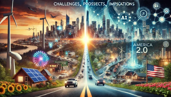 A futuristic vision of America with towering skyscrapers, renewable energy infrastructure, and AI-driven technology. A divided road in the foreground symbolizes the nation's challenges and choices, while economic, political, and social transformation icons hint at the future. The background features a mix of optimism and uncertainty, representing the evolving landscape of America 2.0
