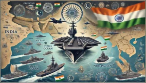 An illustration showcasing India's naval strength and strategic role in the Indo-Pacific region, featuring an Indian aircraft carrier along with advanced warships and fighter jets, symbolizing maritime power and regional influence.