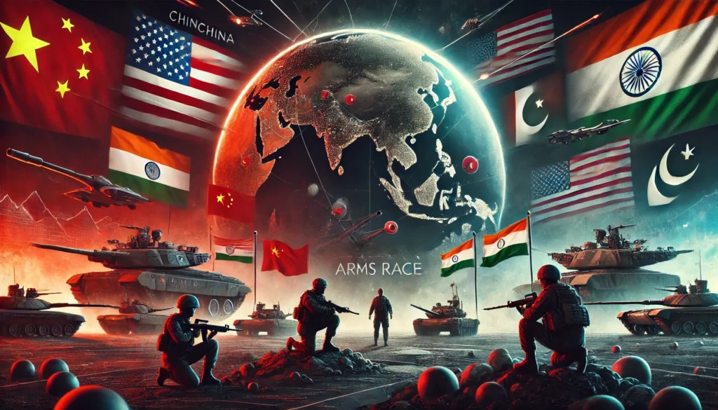 A digital painting illustrating the South Asian arms race with a focus on great power rivalry, prominently featuring China and the United States. The image showcases advanced military technology, including fighter jets, missiles, and warships, with a subtle map of South Asia in the foreground, symbolizing the region's role in the contest.