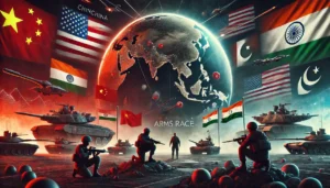 A digital painting illustrating the South Asian arms race with a focus on great power rivalry, prominently featuring China and the United States. The image showcases advanced military technology, including fighter jets, missiles, and warships, with a subtle map of South Asia in the foreground, symbolizing the region's role in the contest.
