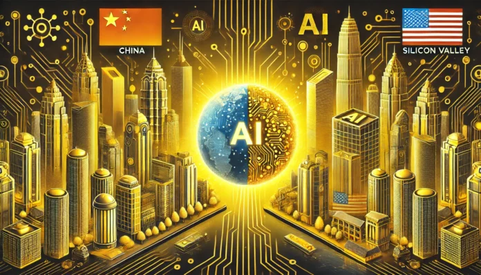 A futuristic AI-themed illustration with a yellow color scheme, depicting the technological rivalry between China and the U.S. The image features two opposing high-tech cityscapes—one symbolizing China with glowing yellow skyscrapers and AI symbols, the other representing the U.S. with a Silicon Valley-inspired digital environment. A central AI-powered globe with circuitry patterns connects both sides, highlighting global AI competition.