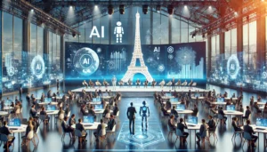 A futuristic AI summit in Paris at night, featuring a modern conference hall with neon-lit holographic displays, AI-powered robots, and global leaders engaged in discussions. The Eiffel Tower glows in the background, symbolizing the intersection of technology and diplomacy.