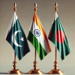 An artistic representation of South Asia's geopolitical shifts, featuring Bangladesh at the center of a strategic realignment with India, Pakistan, and China symbolized through flags, diplomatic symbols, and trade routes.