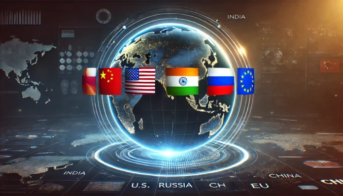 A high-tech digital globe displaying a world map with one flag each of India, the U.S., Russia, China, and the EU placed at their respective geographi A high-tech digital globe displaying a world map with the flags of India, the U.S., Russia, China, and the EU accurately placed at their respective geographic locations. The design features a futuristic aesthetic with glowing network connections symbolizing global influence and diplomacy.