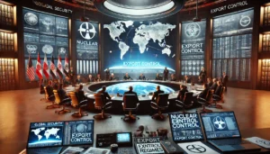 A high-security international conference on nuclear export control reform. Diplomats and security experts are seated around a conference table, analyzing classified documents and discussing policies. A large digital screen in the background displays a world map with nuclear trade routes, restricted zones, and compliance checkpoints. The color theme is deep red and black, symbolizing urgency and authority. Logos of key nuclear export control organizations, such as the Nuclear Suppliers Group (NSG), Zangger Committee, Missile Technology Control Regime (MTCR), and Wassenaar Arrangement, are visible on the screen and documents.