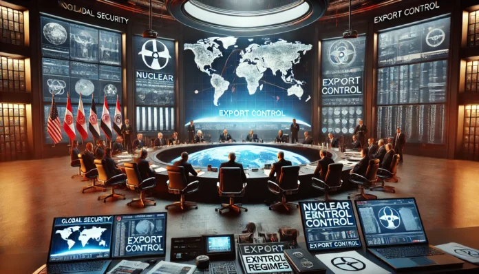 A highly realistic and professional image representing global security and the reform of nuclear export control regimes. The image features a secure i A high-security international conference on nuclear export control reform. Diplomats and security experts are seated around a conference table, analyzing classified documents and discussing policies. A large digital screen in the background displays a world map with nuclear trade routes, restricted zones, and compliance checkpoints. The color theme is deep red and black, symbolizing urgency and authority. Logos of key nuclear export control organizations, such as the Nuclear Suppliers Group (NSG), Zangger Committee, Missile Technology Control Regime (MTCR), and Wassenaar Arrangement, are visible on the screen and documents.
