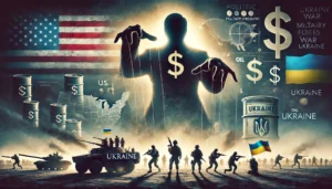 A symbolic digital painting depicting the United States influencing the Ukraine war for its own interests. A shadowy figure representing the US manipulates puppet strings controlling military forces and political figures in Ukraine, with economic symbols like dollar signs and oil barrels in the background, hinting at hidden motives.