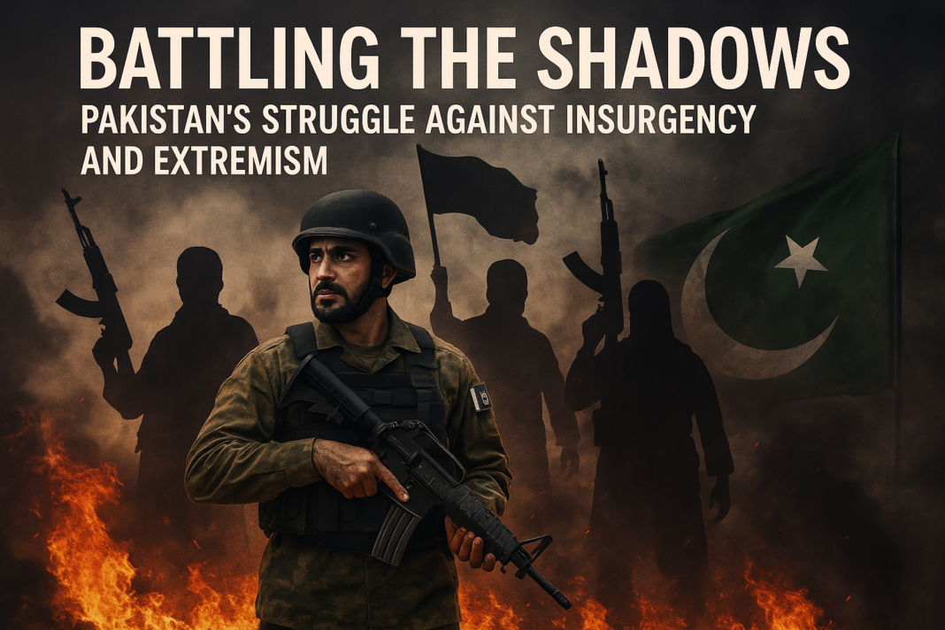 Battling the Shadows Pakistan’s Struggle against Insurgency and Extremism – A visual representation of Pakistan's ongoing fight against militant threats and extremism. A Pakistani soldier in camouflage uniform and tactical gear holds an assault rifle, standing alert against a backdrop of militant silhouettes wielding weapons. Flames and smoke rise behind them, with a tattered Pakistani flag visible in the background, symbolizing the country's struggle against insurgency and extremism.
