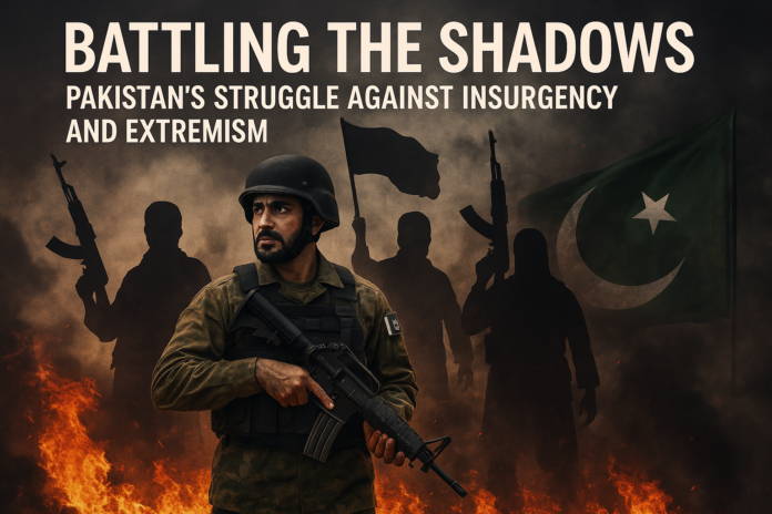 Battling the Shadows Pakistan’s Struggle against Insurgency and Extremism – A visual representation of Pakistan's ongoing fight against militant threats and extremism. A Pakistani soldier in camouflage uniform and tactical gear holds an assault rifle, standing alert against a backdrop of militant silhouettes wielding weapons. Flames and smoke rise behind them, with a tattered Pakistani flag visible in the background, symbolizing the country's struggle against insurgency and extremism.