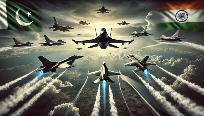 A dramatic digital illustration of PAF and IAF fighter jets facing off mid-air, with vapor trails and a tense cloudy sky, symbolizing the Pulwama-Balakot crisis standoff.