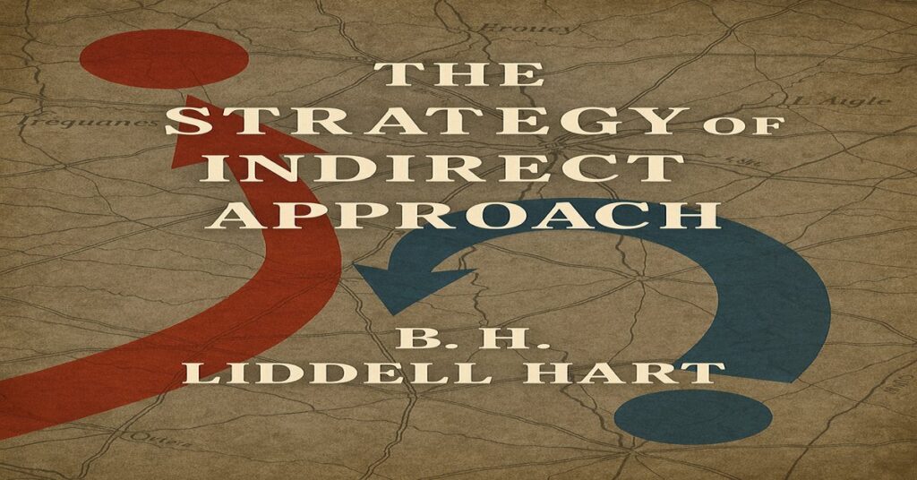 A vintage-style book cover for The Strategy of Indirect Approach by B. H. Liddell Hart, featuring an antique military map with bold red and blue arrows symbolizing strategic movements.