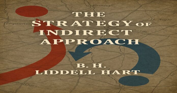 The_Strategy_of_Indirect_Approach_ A vintage-style book cover for The Strategy of Indirect Approach by B. H. Liddell Hart, featuring an antique military map with bold red and blue arrows symbolizing strategic movements.