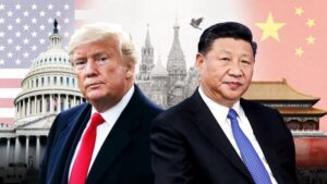 Donald Trump and Xi Jinping stand in front of U.S. and Chinese landmarks, symbolizing diplomatic relations between the United States and China.