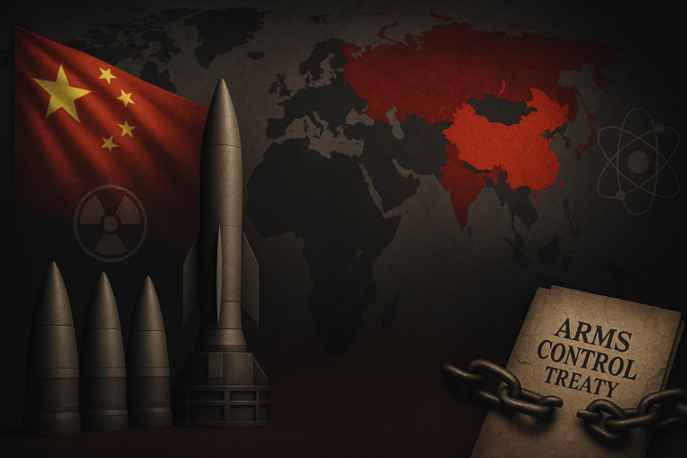 Illustration of China's nuclear buildup showing missiles, the Chinese flag, a cracked "Arms Control Treaty" document with broken chains, and a red-highlighted map of China against a dark background.