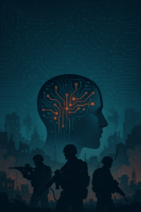A conceptual digital illustration representing the theme of hybrid warfare, featuring abstract silhouettes, digital code patterns, and psychological elements symbolizing information warfare and cognitive manipulation