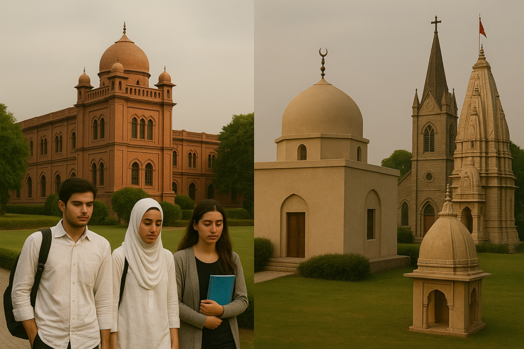A visual juxtaposition of education and ideology in Pakistan—highlighting the coexistence and tensions between academic institutions and diverse religious identities in shaping societal narratives. A visual juxtaposition of education and ideology in Pakistan—highlighting the coexistence and tensions between academic institutions and diverse religious identities in shaping societal narratives.