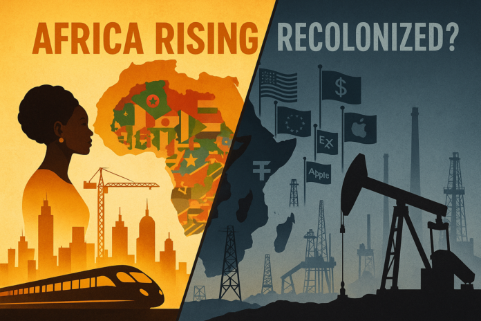 Africa at a Crossroads: Growth or Exploitation? Split digital illustration showing vibrant African cities and infrastructure on one side, and foreign corporate control and resource extraction on the other.