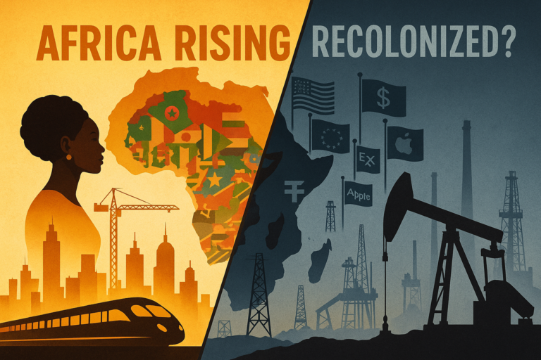 Split digital illustration showing vibrant African cities and infrastructure on one side, and foreign corporate control and resource extraction on the other.
