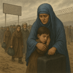 A line of refugees walks across a barren border landscape under a cloudy sky, with a woman in a blue burqa holding a child in the foreground and a barbed-wire fence in the background.
