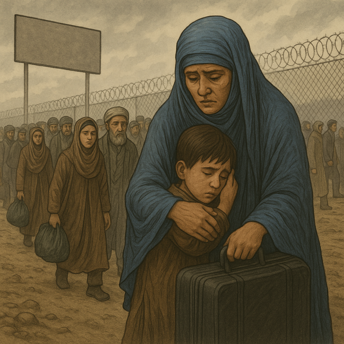 Refugees Crossing Border in Uncertain Times A line of refugees walks across a barren border landscape under a cloudy sky, with a woman in a blue burqa holding a child in the foreground and a barbed-wire fence in the background.