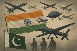 A digital illustration showing multiple military drones flying over Indian and Pakistani flags, with silhouettes of soldiers below and a cloudy, tense atmosphere.