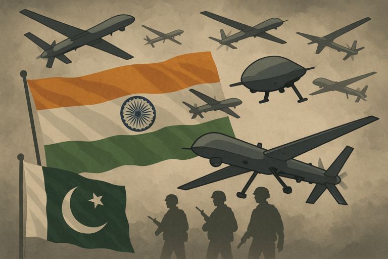 A digital illustration showing multiple military drones flying over Indian and Pakistani flags, with silhouettes of soldiers below and a cloudy, tense atmosphere.