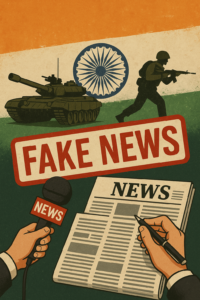 Illustration showing a military tank, a soldier with a rifle, a news microphone, a hand writing in a newspaper, and a large "FAKE NEWS" stamp, all in neutral beige and gray tones.