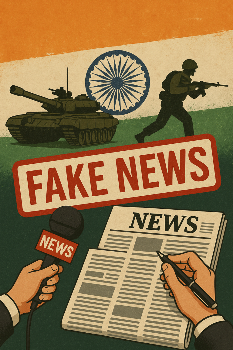Illustration showing a military tank, a soldier with a rifle, a news microphone, a hand writing in a newspaper, and a large "FAKE NEWS" stamp, all in neutral beige and gray tones.