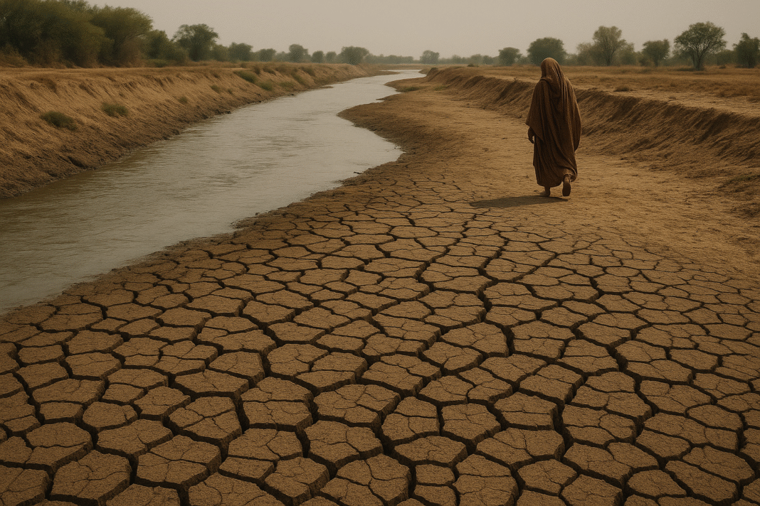 A lone figure walks beside a narrow, drying stream in a cracked riverbed, symbolizing the water crisis along the Indus River in Sindh.