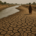 A lone figure walks beside a narrow, drying stream in a cracked riverbed, symbolizing the water crisis along the Indus River in Sindh.