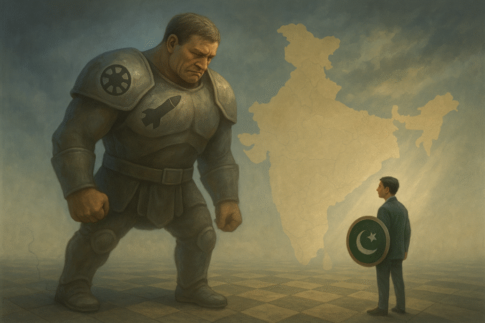 A visual metaphor of Pakistan confronting and deterring a larger regional power, reshaping the geopolitical narrative. A digital painting shows a large armored man symbolizing a powerful state facing a smaller, confident man with a shield bearing Pakistan’s crescent and star, against a backdrop of South Asia's map.