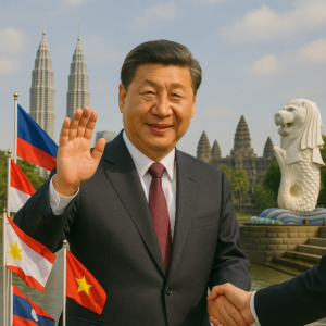 Xi Jinping smiling and waving while shaking hands during a diplomatic visit in Southeast Asia, with ASEAN flags and iconic landmarks in the background.