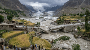 A composite image showing the melting glaciers of the Karakoram range leading to flash floods that destroy bridges and homes, alongside an elderly man looking over drought-stricken, cracked land.