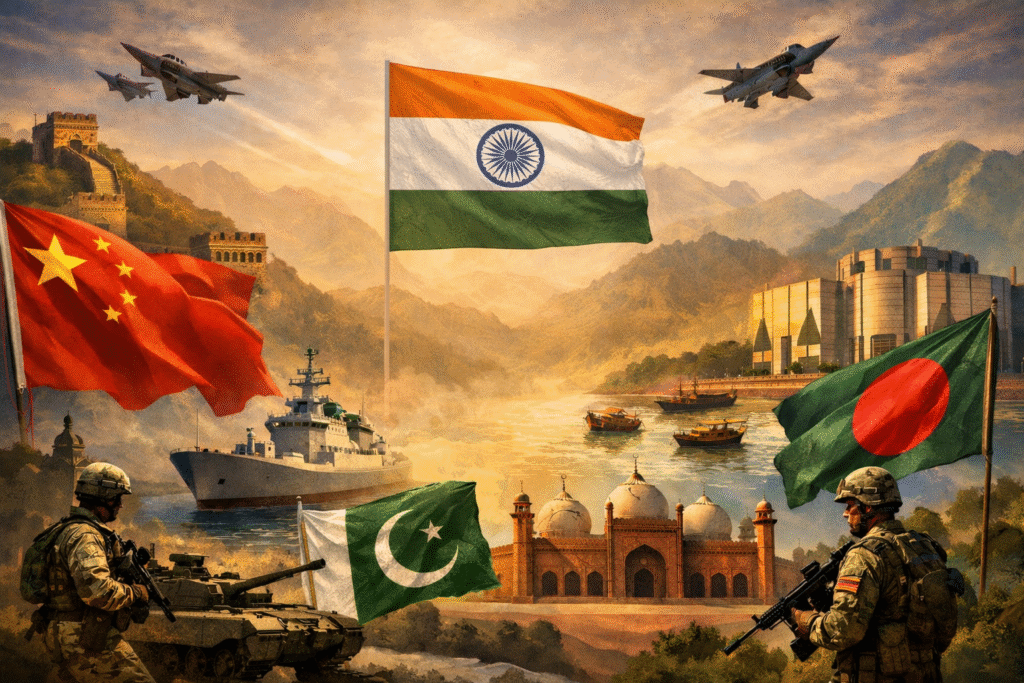 A geopolitical illustration showing the flags of China, Pakistan, Bangladesh, and India alongside military assets, national landmarks, and strategic waterways against a mountainous South Asian backdrop.