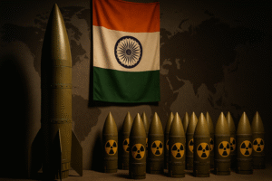 A collection of nuclear warheads with radiation symbols, positioned in front of the Indian national flag and a missile, set against a world map background.
