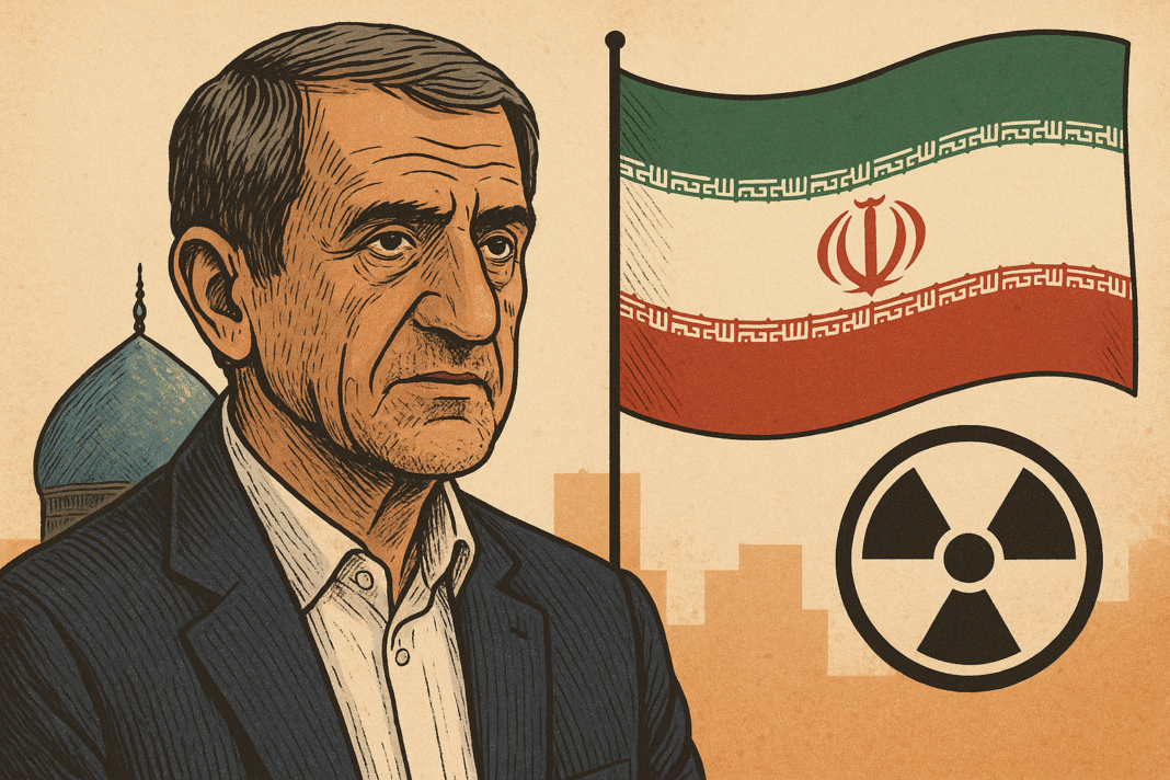 Pezeshkian’s Reformist Vision Amid Iran’s Nuclear Crossroads Illustration of an Iranian statesman in formal attire, set against a backdrop featuring the Iranian flag, a mosque dome, and a nuclear symbol, symbolizing Iran’s nuclear negotiations.