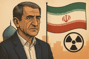 Illustration of an Iranian statesman in formal attire, set against a backdrop featuring the Iranian flag, a mosque dome, and a nuclear symbol, symbolizing Iran’s nuclear negotiations.